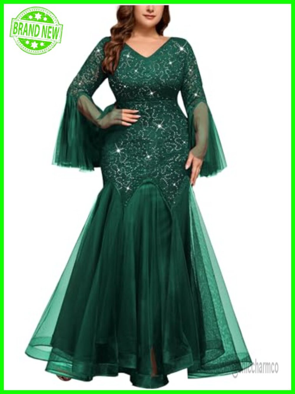 Plus Size Sequin Mermaid Formal Evening Gown Tulle Long Sleeve Maxi Dress